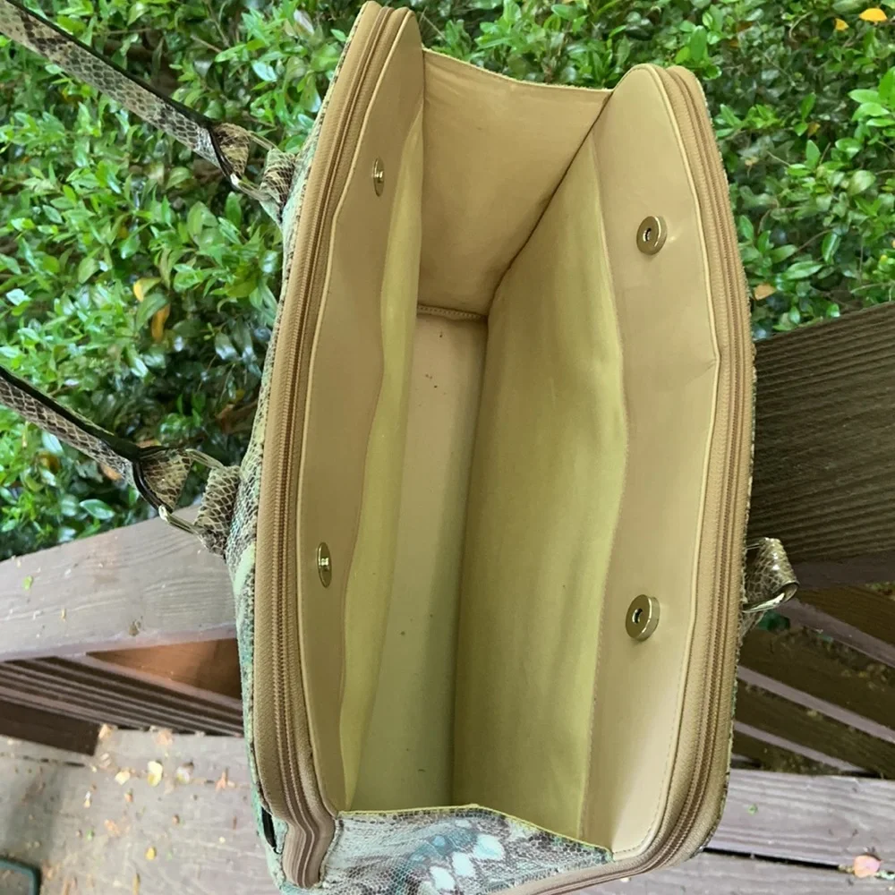 Lodis Snake-Print Laptop Bag in Cream, Brown & Teal